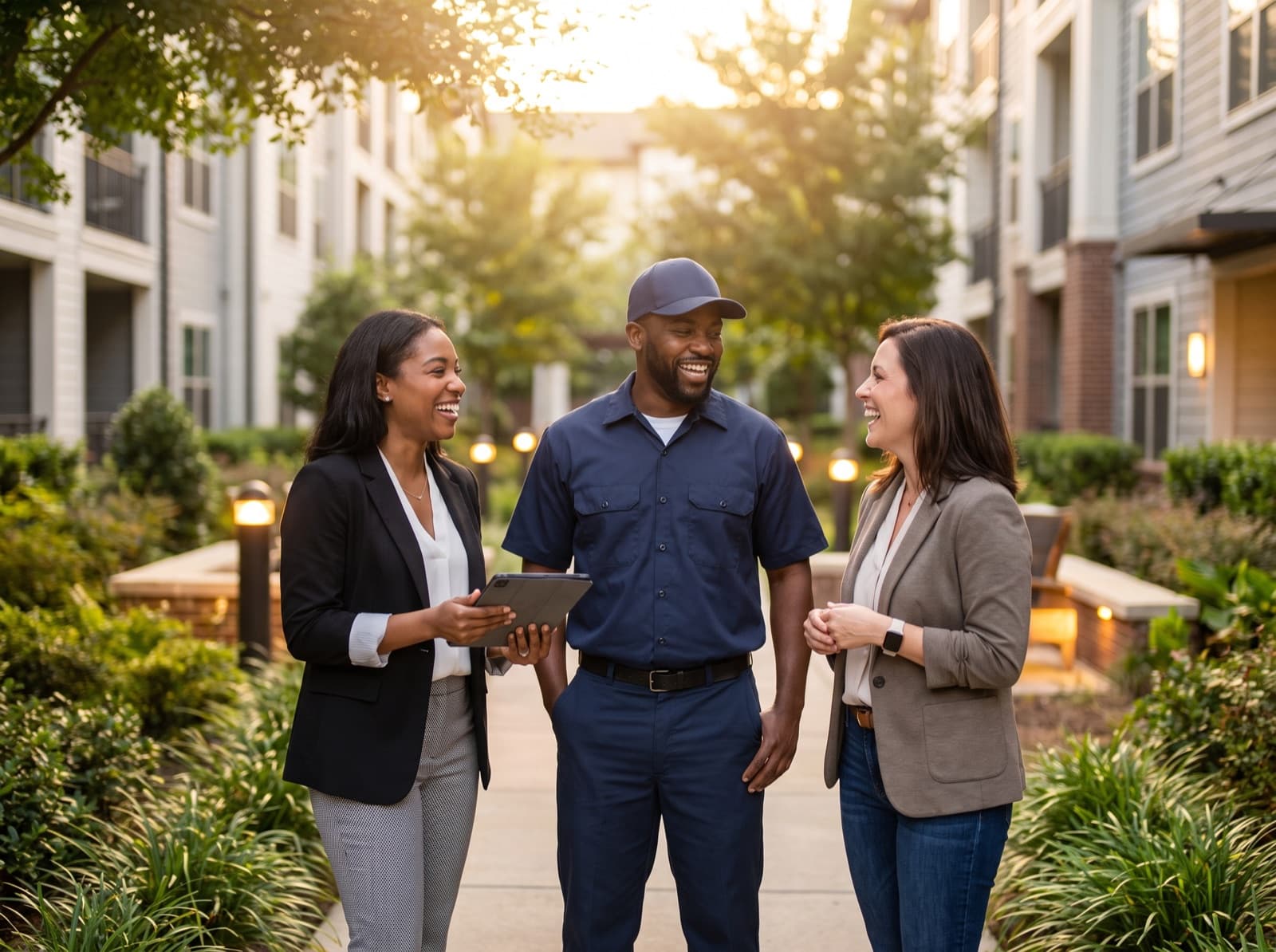 A multifamily property team โ leasing consultant, maintenance technician, and property manager โ together at an apartment community.