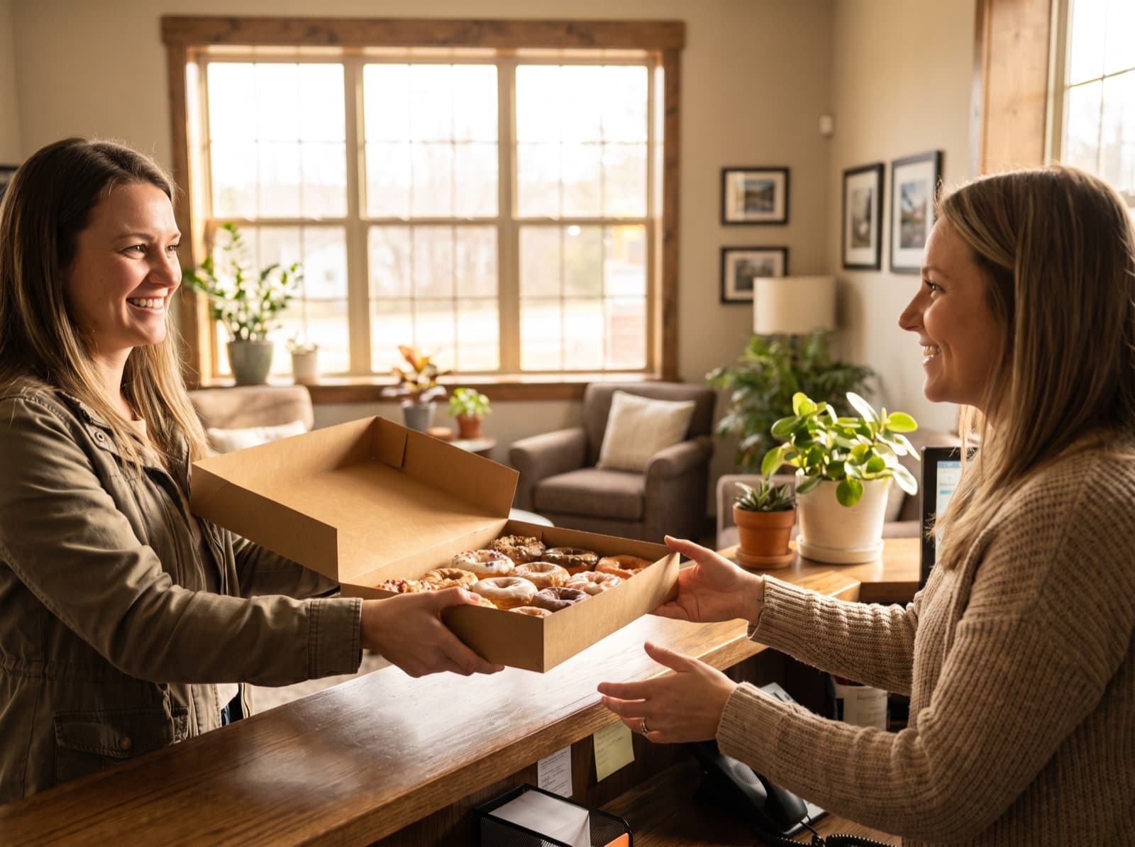 Property manager receiving a box of donuts at a leasing office, symbolizing connection.